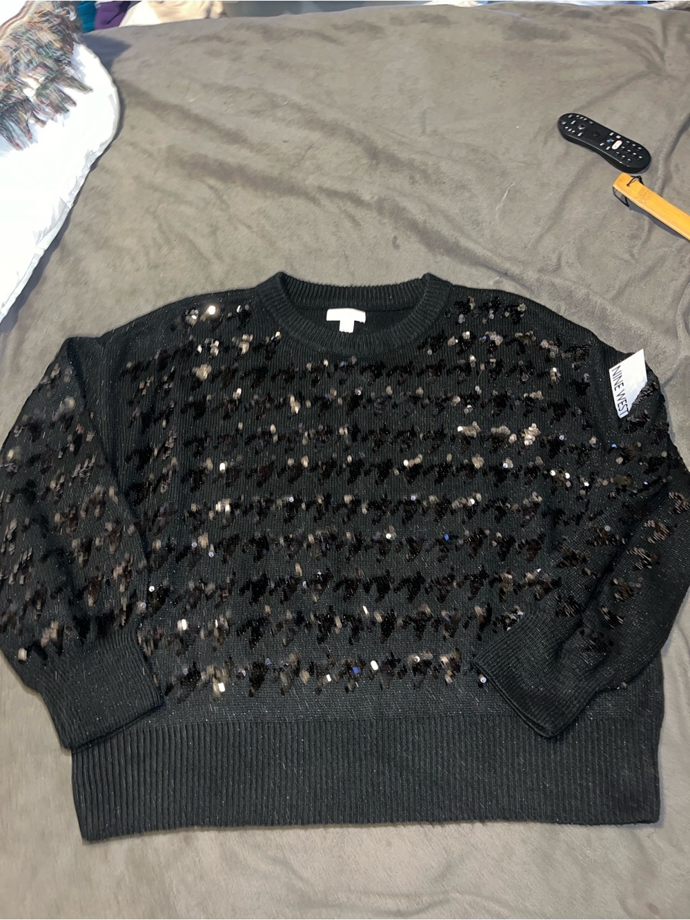 Nine West Black Sequin-Trim Crewneck Sweater